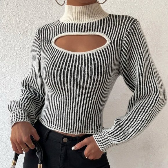 . Sweaters - Striped Mock Neck Cut Out detail long sleeved knit Sweater top